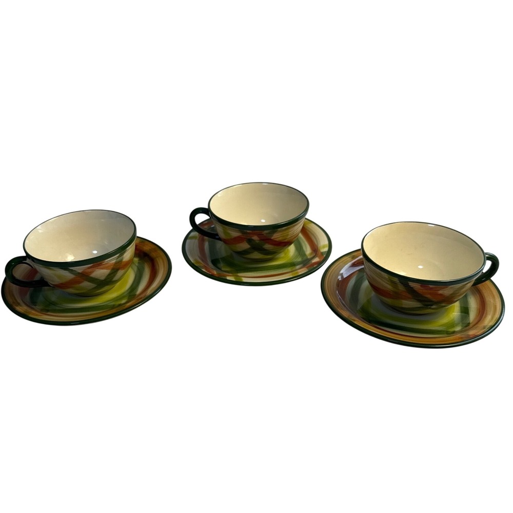 Vintage Metlox Vernonware Homespun Poppytail Teacup and Saucer Plaid Set of 3